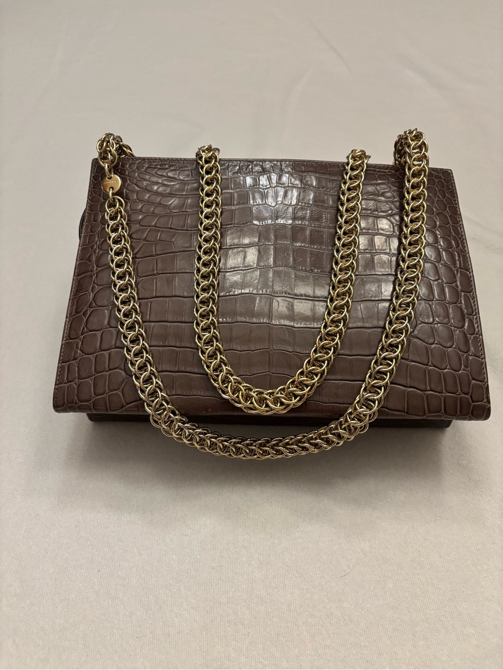 Salvatore Ferragamo Croc-Embossed Dark Taupe/Brown Shoulder Bag with Gold Chain